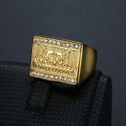Hip Hop Square The Last Supper Edelstahl Guss Ring 18k echt vergoldet - Bild 15 von 16