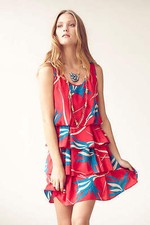 New! 12 Anthropologie Sariah Red Tropical Floral Silk "Ribbon Grass Dress" $188