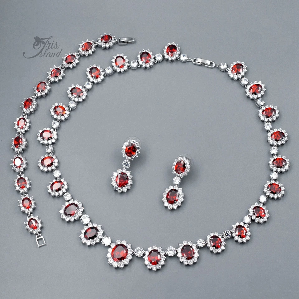 Jewelry Set Red Cubic Zirconia White Gold Plated Necklace Bracelet Earrings 6259 - Image 2 of 4
