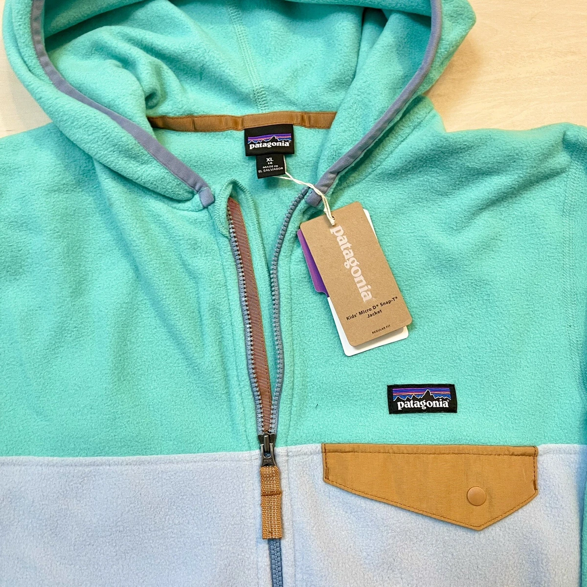 🍀 NWT Patagonia micro d fleece jacket full zip Kids Teal Green XL 14