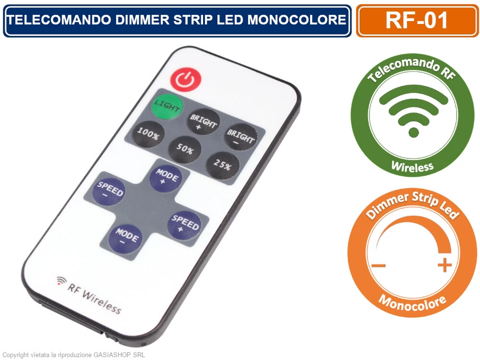 TELECOMANDO RF WIRELESS DIMMER PER STRIP LED MONOCOLORE - Immagine 2 di 3