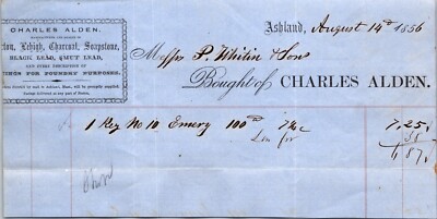Charles Alden Ashland MA 1856 Billhead Coal Charcoal Soapstone Lead
