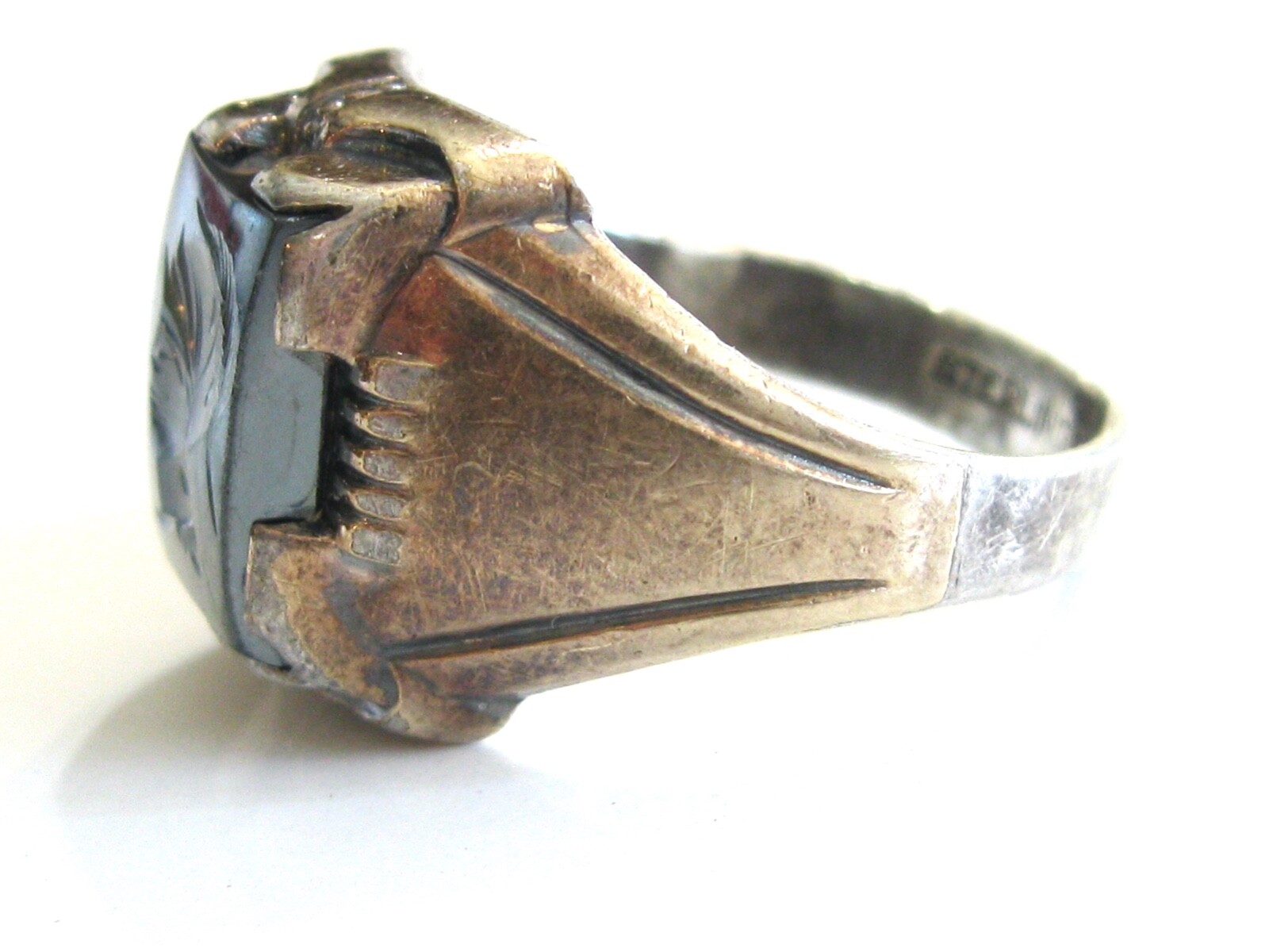 ANTIQUE MENS RING STERLING SILVER & 10K GOLD w HEMATI… Gem