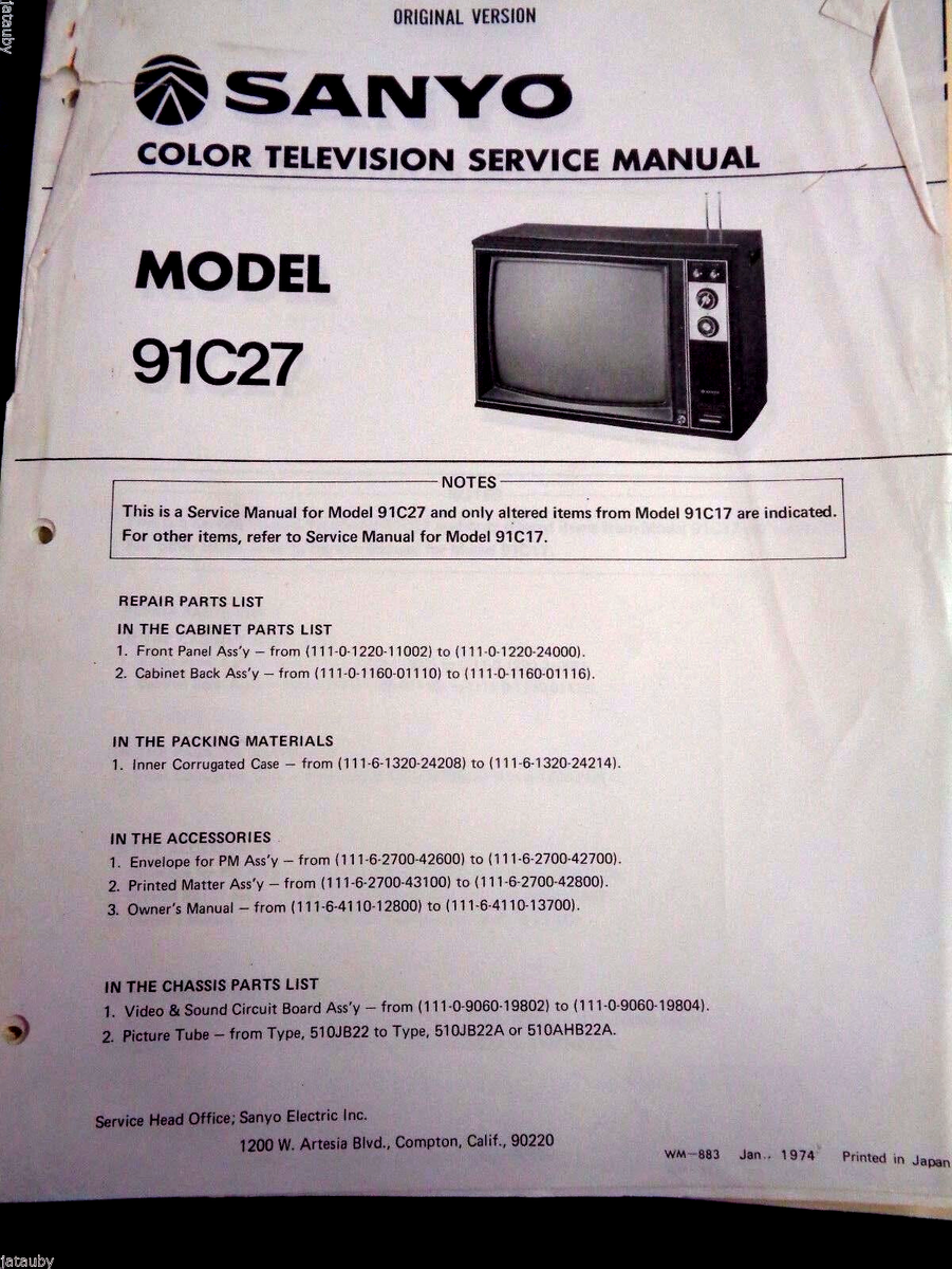 SANYO Vintage Original Color Television TV Service Manual Model