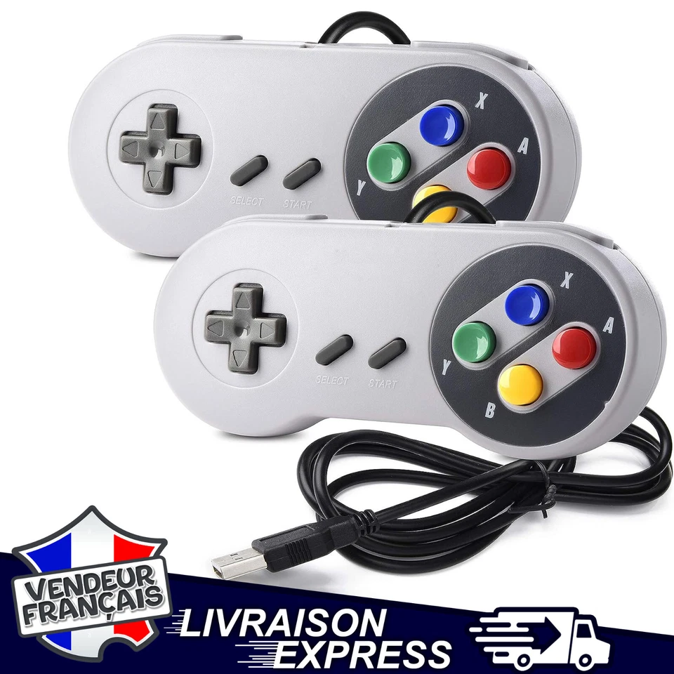 LOT 2 MANETTE NINTENDO JEU USB SNES SUPER NES PC WIN. MAC RASPBERRY PI (2x1725)