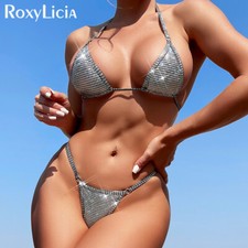 Plaid Halter Extreme Mini Micro Thong Bikini Women Swimwear Two-pieces Bikini