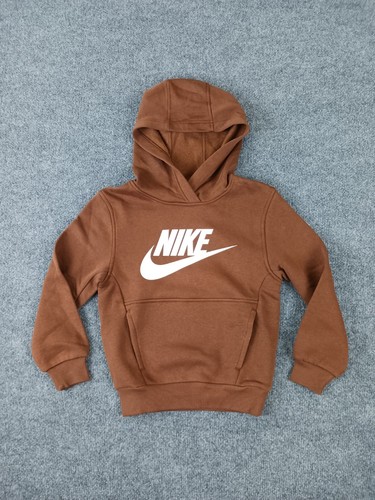 NIKE YOUTH UNISEX HOODIE BROWN WHITE LOGO WITH POCKET SMALL - Picture 2 of 5