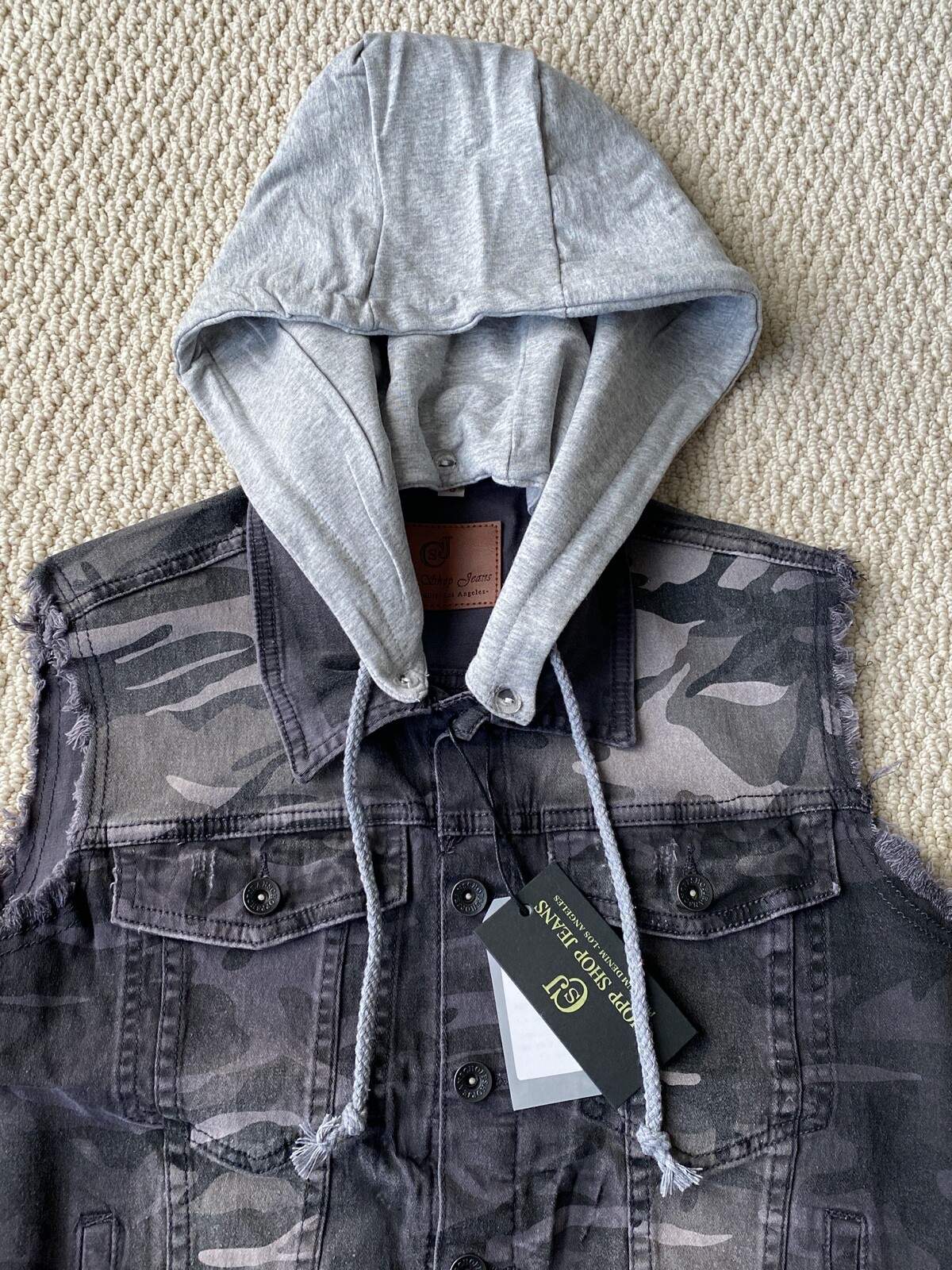 NWT Men's Chopp Shop Jeans Gray Camouflage Convertible Hooded Denim