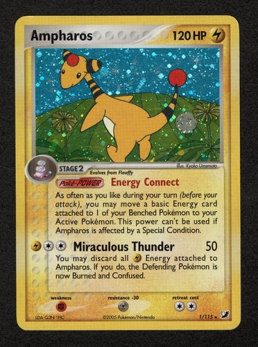 2005 Pokémon Ampharos 1/115 Holo Unseen Forces Near Mint Condition HQ TCG Card