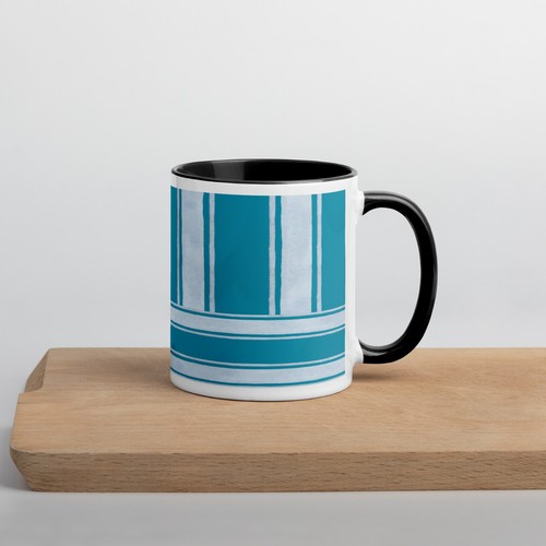 Tasse à café en céramique 11 oz blanc sarcelle rayé | Coupe de plage océan nautique côtier - Photo 12/30