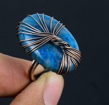 Neon Blue Apatite Handmade Gemstone Copper Wire Wrap Tree of Life Jewelry Ring