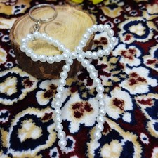 White Pearl Bead Bow Beaded Purse Keychain Handmade Mini Bow Charm Birthday Gift