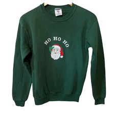 JERZEES VTG 90s Green Red Ho Ho Ho Embroidered Santa Christmas Sweatshirt S