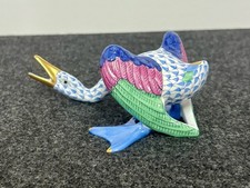 Herend Hungary Porcelain Blue Fishnet Honking Goose Hand Painted w/24k Gold