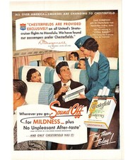 1952 Chesterfield Cigarettes United Airlines Stewardess Vintage Print Ad Art