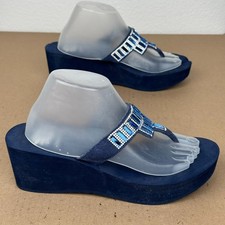Yellow Box Alexandria Women Blue Leather Wedge Thong Sandals Size 10 Rhinestone