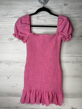 Zara Dress Womens Extra Small Pink Puff Sleeve Smocked Ruffle Mini Casual Summer