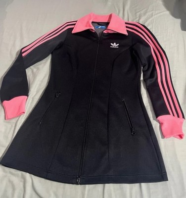 Vintage Adidas schwarzes Kleid mit rosa Streifen & Frontreißverschluss - Größe 12 - in sehr gutem Zustand