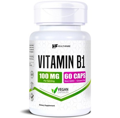 Healthfare Vitamin B1 100mg | 60 Vegan Capsules | Thiamine Supplement | Non-GMO
