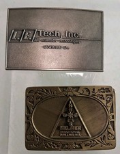 2 Vtg Louisiana Oil Drilling Companies Belt Buckles L.E Tech Helmer Directional