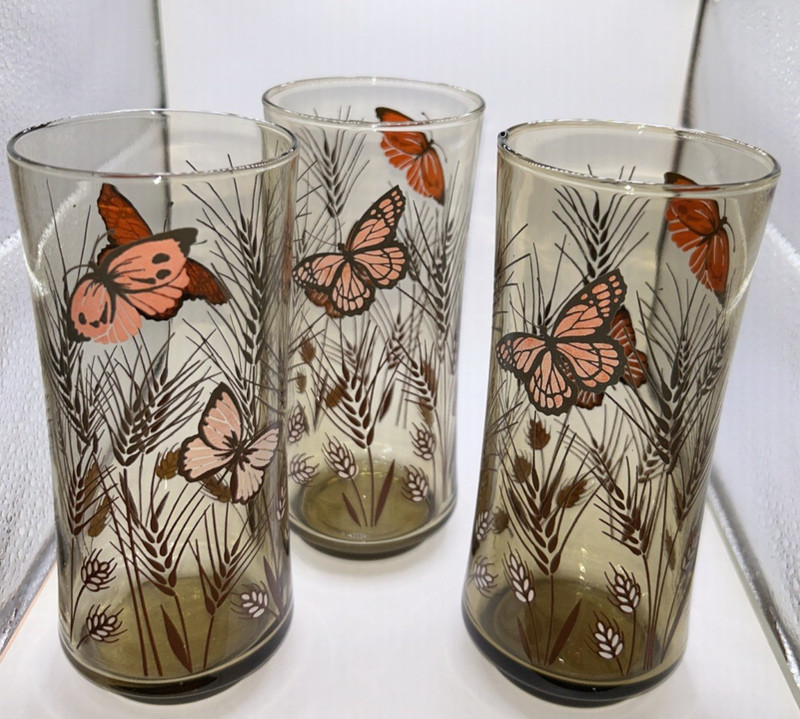 Set of 3 (Three) MCM Libbey Monarch Butterfly Wheat Tea Glasses 6.5" Tumblers