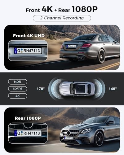 JZONES 4K+1080P FHD DASH CAM FRONT AND REAR, DUAL DASH CAMERA FOR CARS - BLACK