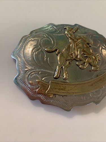 VINTAGE NICKEL SILVER WESTERN COWBOY BULL RIDING RODEO BELT BUCKLE EUC - Picture 5 of 12