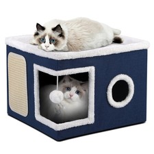 Shikha Cat House Bed for Indoor Cats with Fluffy Ball and Scratch Pad Blue 