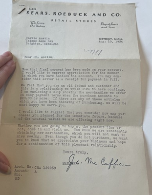 #ad 1934 Sears Roebuck and Co Retail Stores Detroit Brighton MI Letter Marketing $9.95