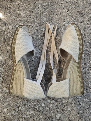 UGG Australia, off-white 2 inch wedge espadrille ankle tie sandals, size US 8