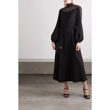 VALENTINO GARAVANI Tulle-trimmed scalloped silk-crepe midi dress Size 40