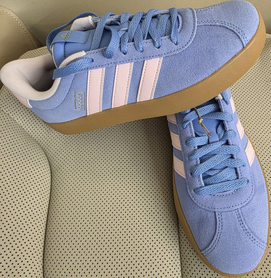 adidas VL Court 3.0 Blue Pink Tan Low Top Lace Up Suede Athletic Sneakers