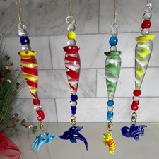 Marine Life Hand Blown Glass Hanging Ornament Set Whimsical Coastal Christmas