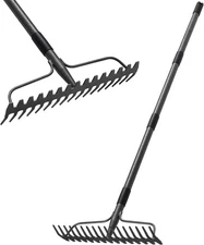 Thatch Rakes for Lawns, Heavy Duty Metal Garden Rake with 17 Prongs, Adjustable 