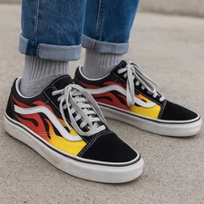 VANS Old Skool Flame Fire Sneakers Shoes Men 7.5 Women 9.0 Black Yellow Red