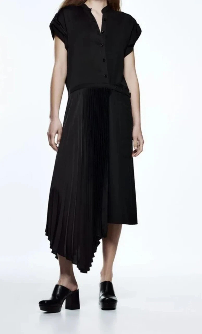 ZARA WOMAN SIZE M MIDI ZW COLLECTION DRESS WITH PLEATED SKIRT BLACK 4786/339 NEW