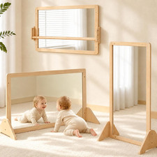 Montessori Mirror with Pull Up Bar, Large 38.2 x 23.6 in Natural Wood  Shatter-