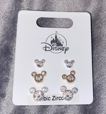 Disney Parks Mickey Icon Silver  Gold Plated Stud Earring Set w/Cubic Zirconia