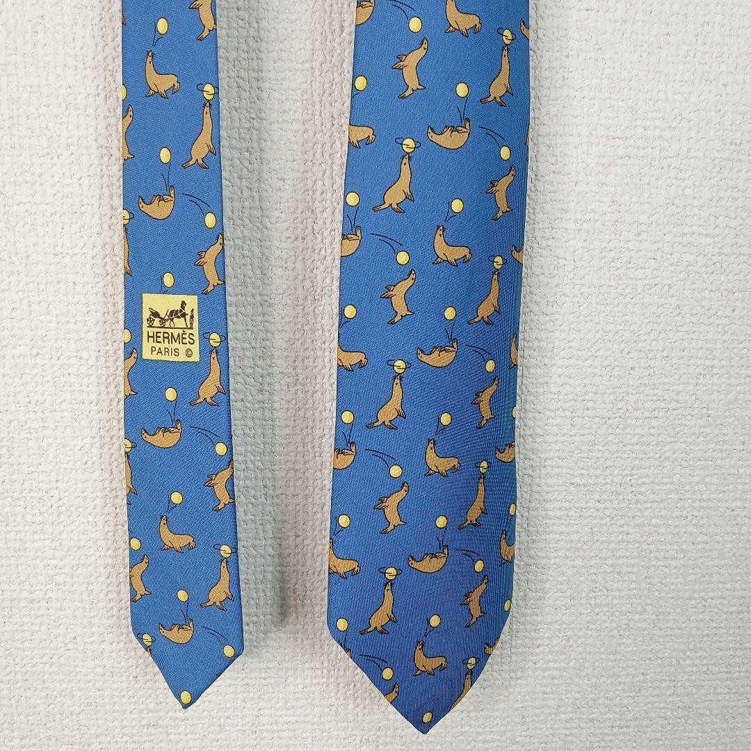 小物 HERM`ES HERMES Necktie Tie Blue sea lion pattern 100% Silk made in France