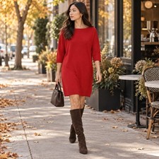 Boden Red Merino Wool Cashmere Boat Neck 3/4 Sleeve Shift Mini Dress US 6R