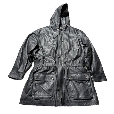VTG Mob Wife Y2K Fur Lined Hood Leather Parka Jacket 90s Russian NYC Noir Sz 1X