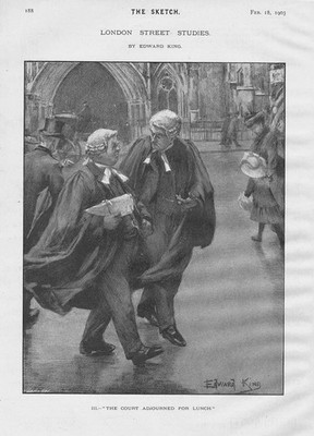LONDON STREET STUDIES #3 Court Abandoned for Lunch by E. King Antique Print 1903