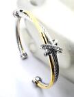 Gorgeous New 18kt Gold Plated Antique Silver Cable Crystals Thin Cuff Bracelet