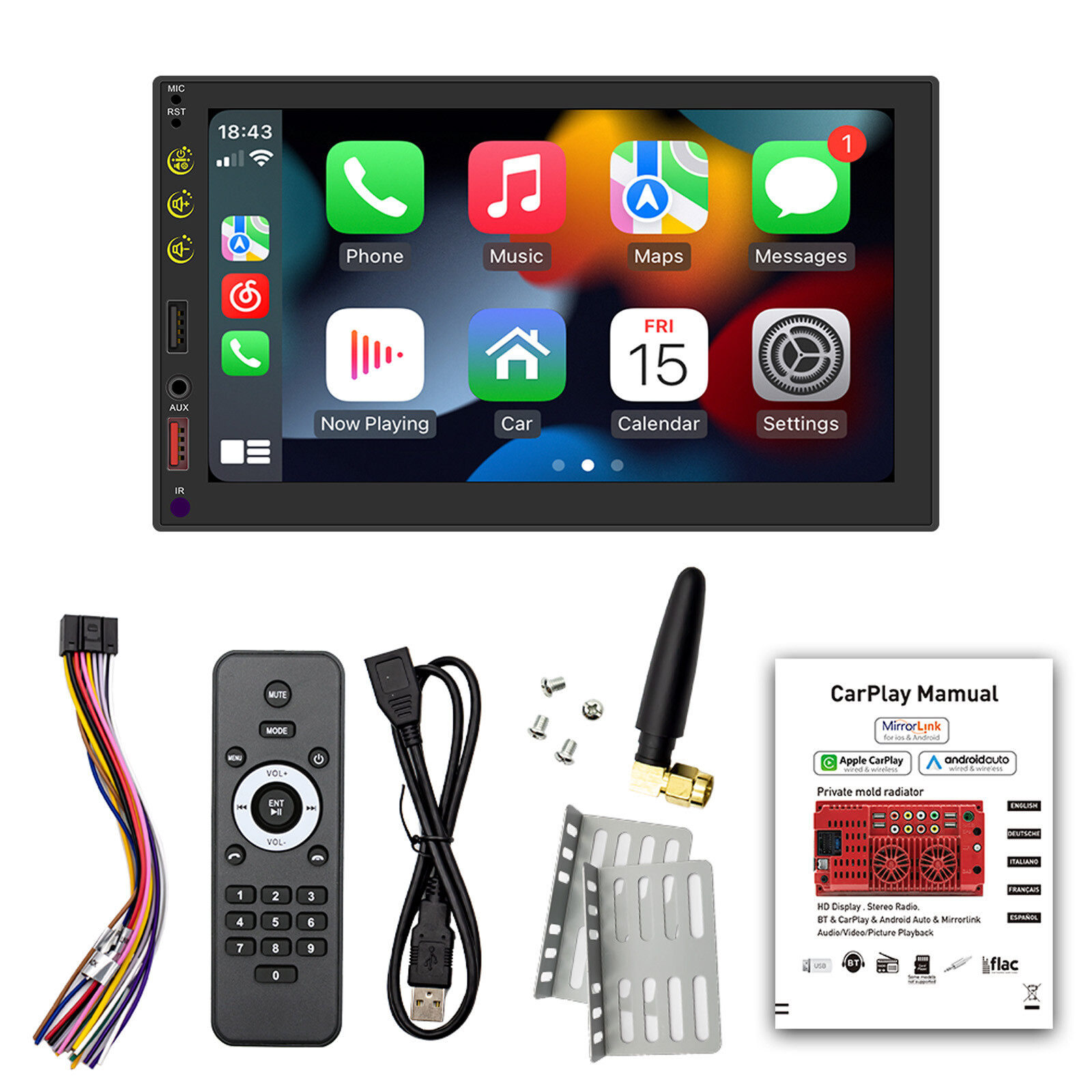 7" Wireless Carplay Bluetooth Stereo Radio FM Car MP5 Player + 4 LED Camera