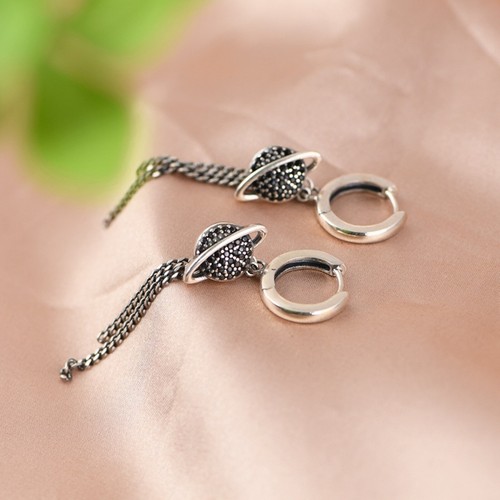 Real 925 Sterling Silver Hoop Women Gift Lucky Planet Tassel Dangle Earrings - Picture 3 of 11