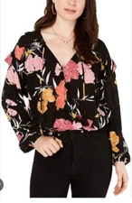 Guess Black Floral Surplice Tie Front Top/Shirt/Blouse. Sz S. NWT!!!