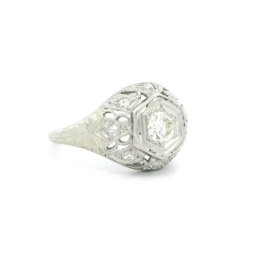 Antique Art Deco White Gold & Platinum Old Cut Diamond Filigree Engraved Ring - Bild 2 von 11