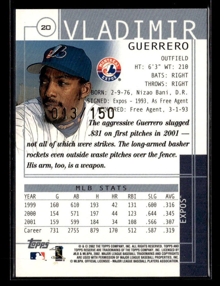 2002 Topps Reserve #20 Vladimir Guerrero Parallel #/150 - Image 2 of 2