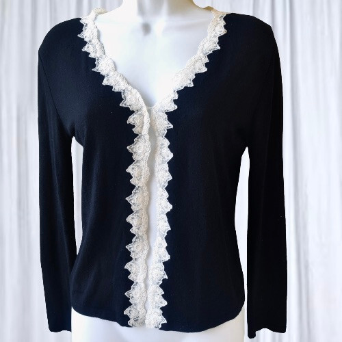 Blugirl Blumarine nero cardigan maglione orlo pizzo designer italiano donna 6 - Foto 6 di 13