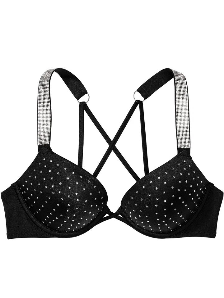 Top de bikini push-up Victoria's Secret negro con correa brillante bomba 36C EE. UU. Foto 2 de 4
